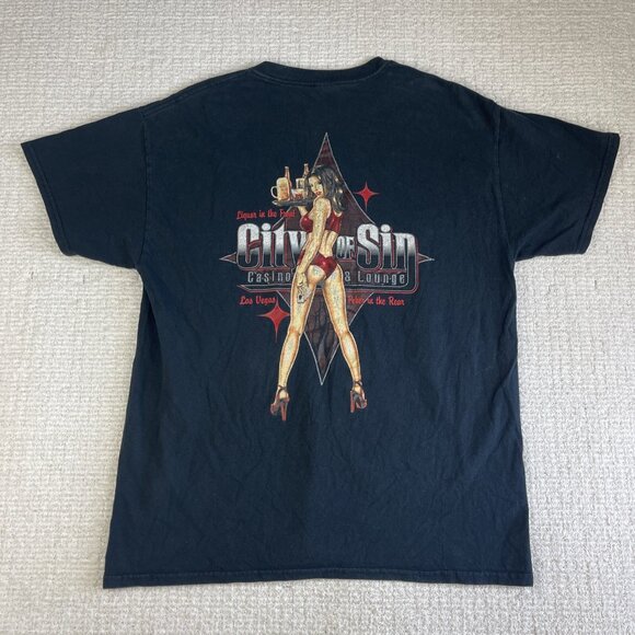 VTG City of Sin Las Vegas Bar Casino Double Sided Black T-Shirt Men Size L - Picture 1 of 16